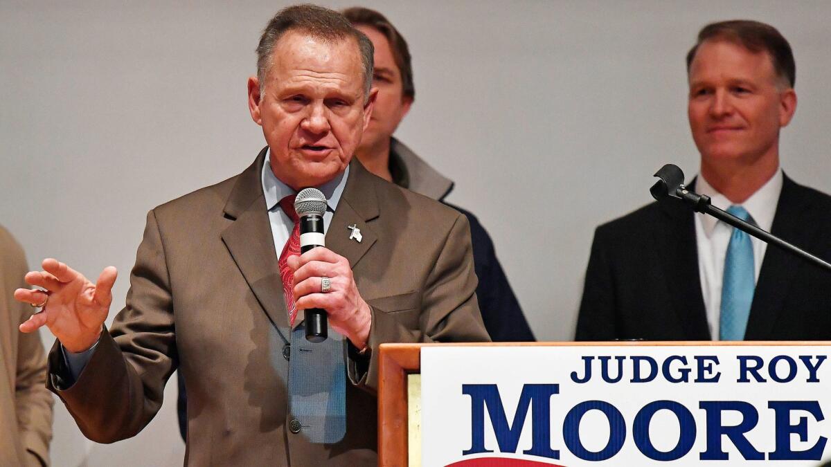 Senate candidate Roy Moore speaks at the end of an election-night watch party Dec. 12 in Montgomery, Ala.