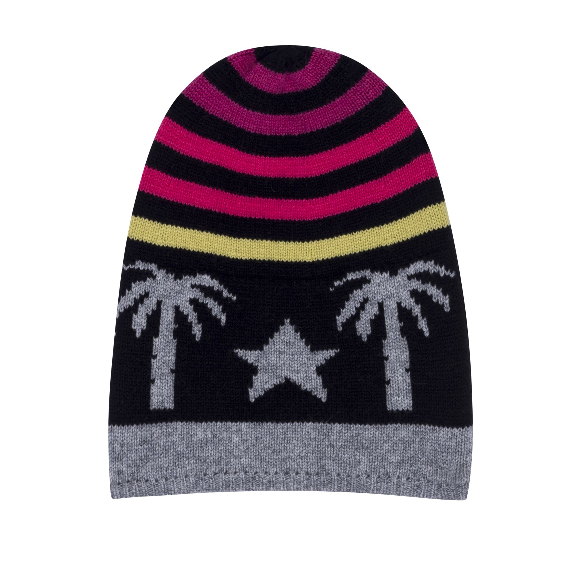 A striped beanie with two palm trees and a star.