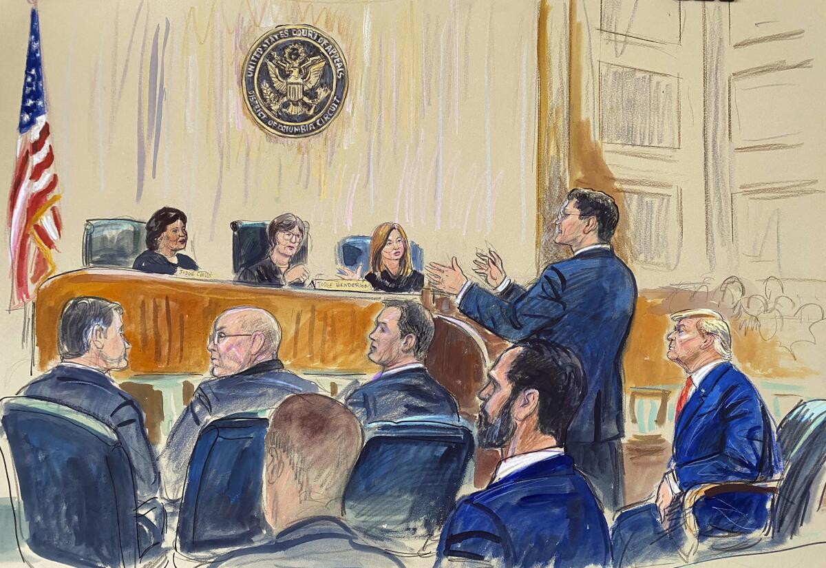 A sketch shows former President Trump listening as his attorney speaks before the D.C. Circuit Court.