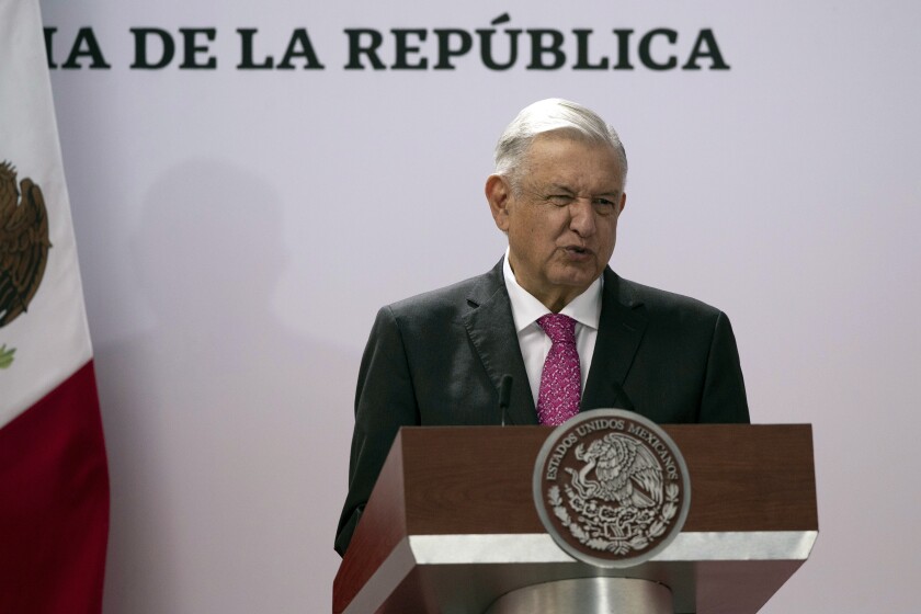 Mexican President Andres Manuel Lopez Obrador speaks during a ceremony marking the third anniversary of his presidential election at the National Palace in Mexico City, Thursday, July 1, 2021. (AP Photo/Fernando Llano)