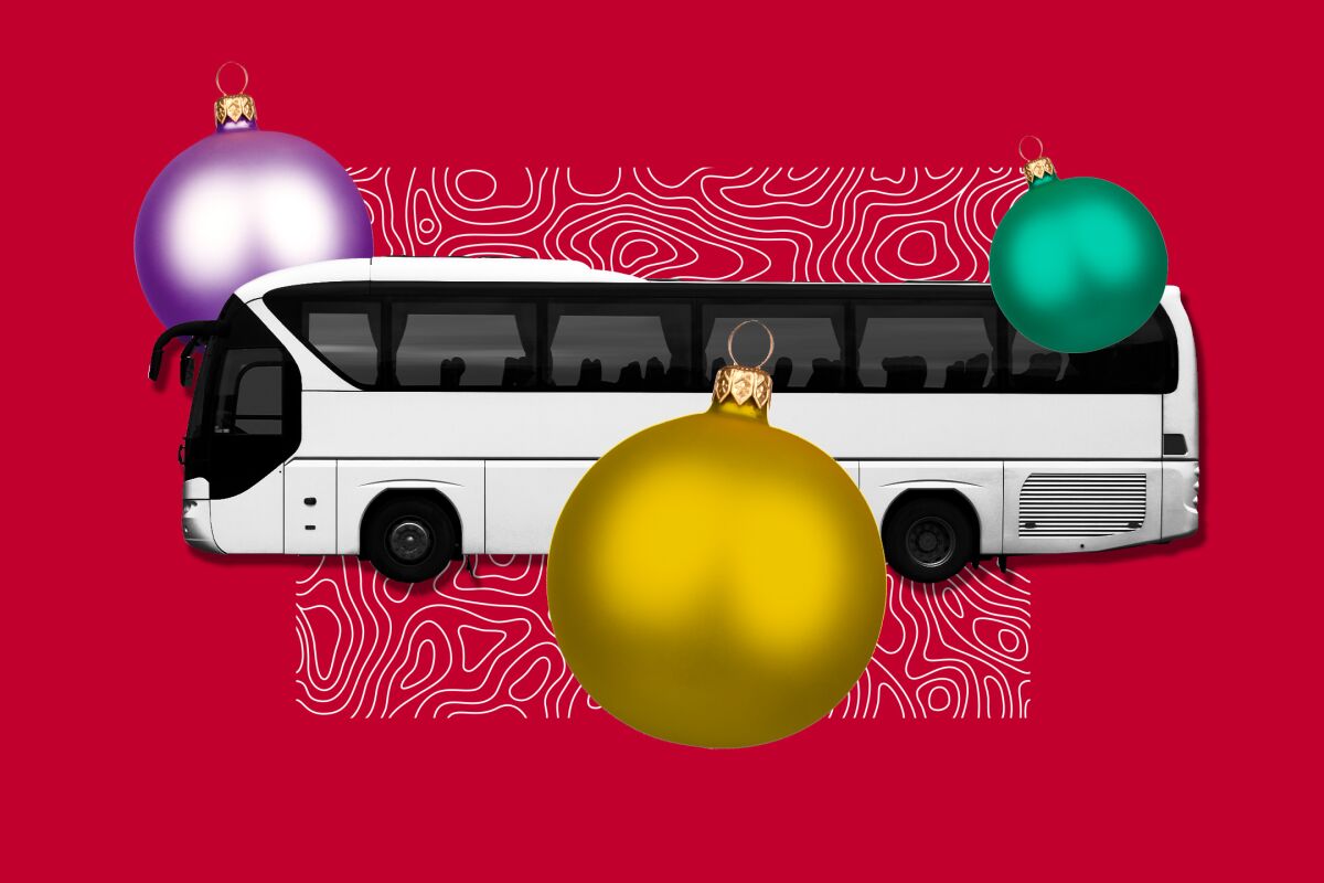 Illustration of bus with Christmas ornaments