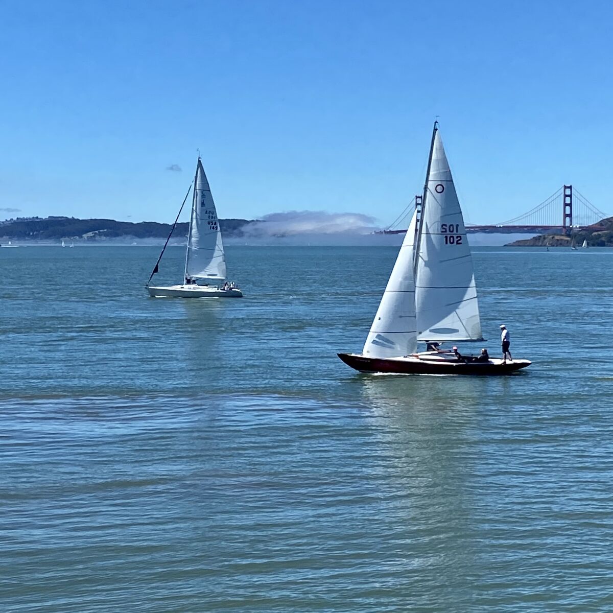 Boats sail in the San Francisco Bay with the Golden Gate Bridge visible in the background.