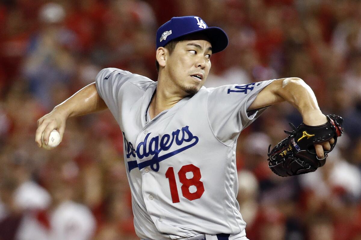 Los Angeles Dodgers pitcher Kenta Maeda throws against the Washington Nationals during the third inning in Game 4.