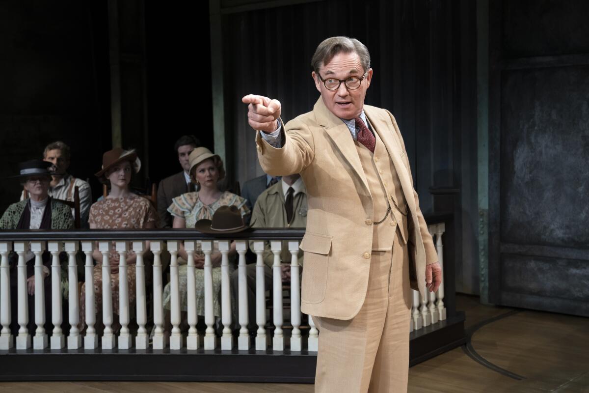 Atticus (Richard Thomas) points his finger in a courtroom scene of Aaron Sorkin's adaptation of "To Kill a Mockingbird."
