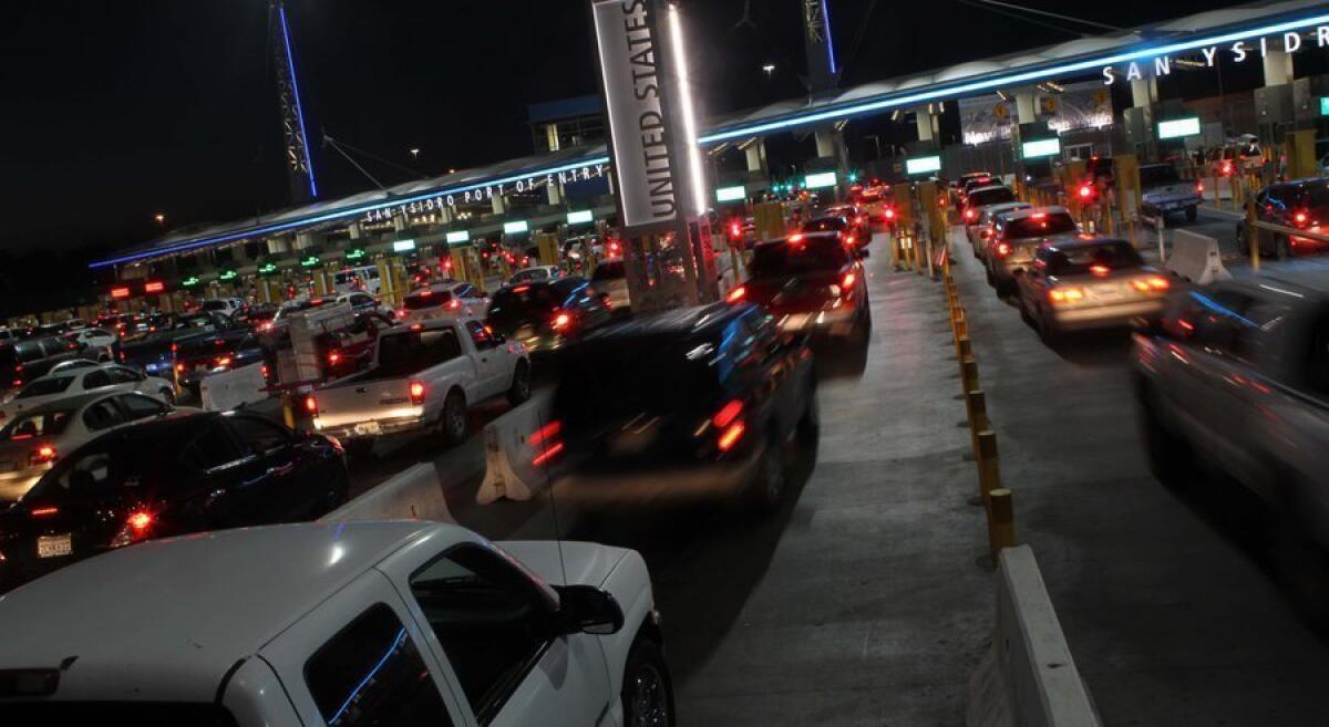 Cars line up to enter the United States from Mexico at the San Ysidro Port of Entry.