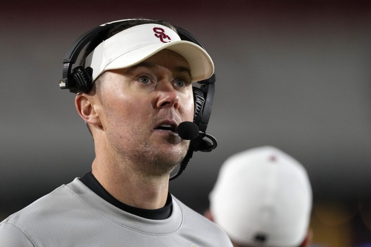 Southern California head coach Lincoln Riley stands on the sideline during the second half of an NCAA college football game against Notre Dame Saturday, Nov. 26, 2022, in Los Angeles. (AP Photo/Mark J. Terrill)