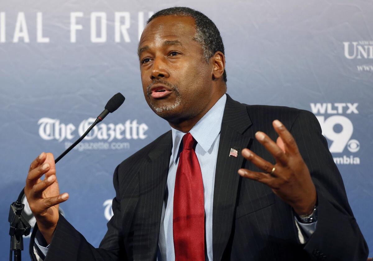 FILE - In this Monday, Aug. 3, 2015, file photo, Republican presidential candidate and retired neurosurgeon Ben Carson speaks during a forum, in Manchester, N.H. Responding to a question during an interview broadcast Sunday, Sept. 20, 2015, on NBC's "Meet the Press," Carson, a devout Christian, said Islam is antithetical to the Constitution and he doesn’t believe that a Muslim should be elected president. (AP Photo/Jim Cole, File)