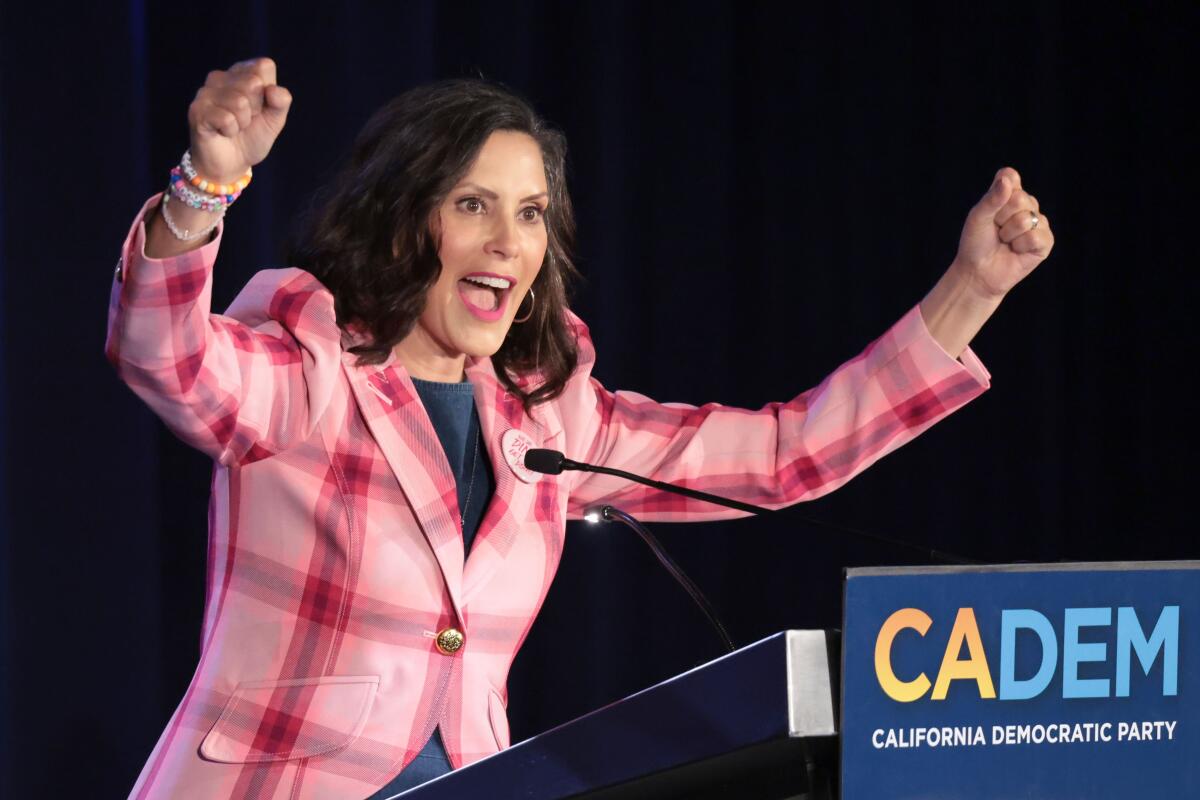 Michigan Gov. Gretchen Whitmer speaks at the California delegation breakfast on Tuesday.