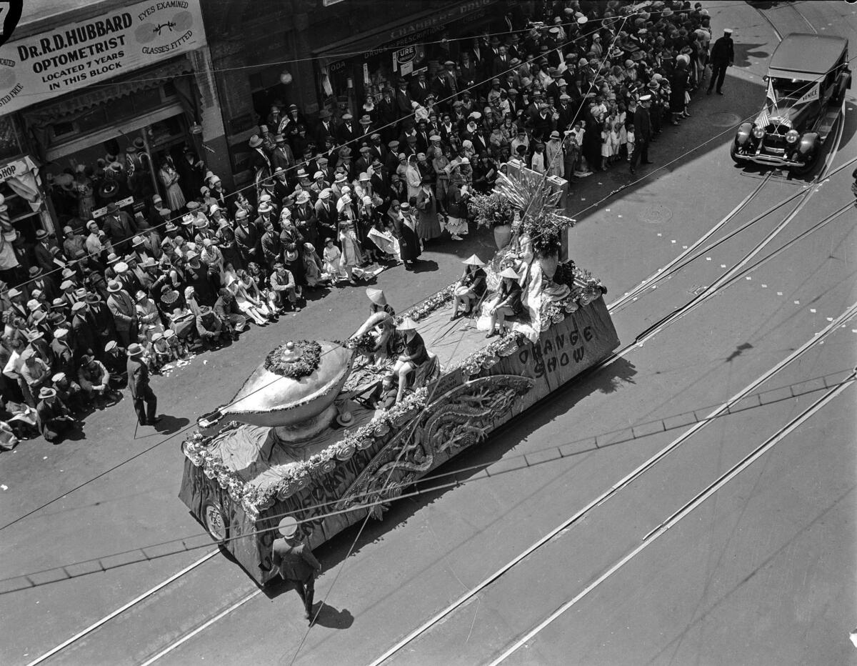 April 26, 1928: Anaheim is represented by an Aladdin lamp float in the Los Angeles City Hall dedication parade.