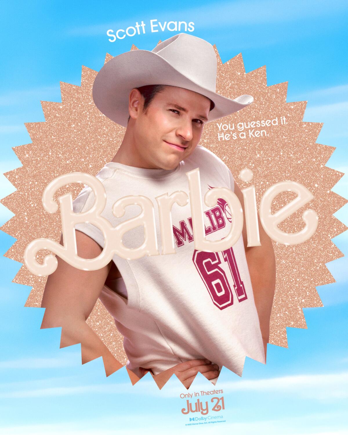 Scott Evans poses with his hands on his hips in a "Barbie" movie poster. He wears a white cowboy hat and an athletic tee.