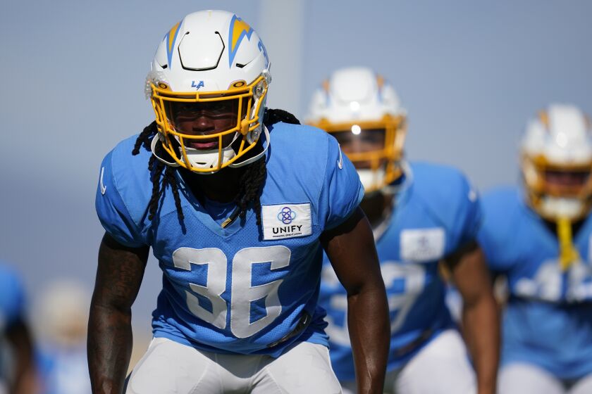 Los Angeles Chargers defensive back Ja'Sir Taylor (36) participates in drills at the NFL football team's practice facility in Costa Mesa, Calif. Sunday, Aug. 7, 2022. (AP Photo/Ashley Landis)