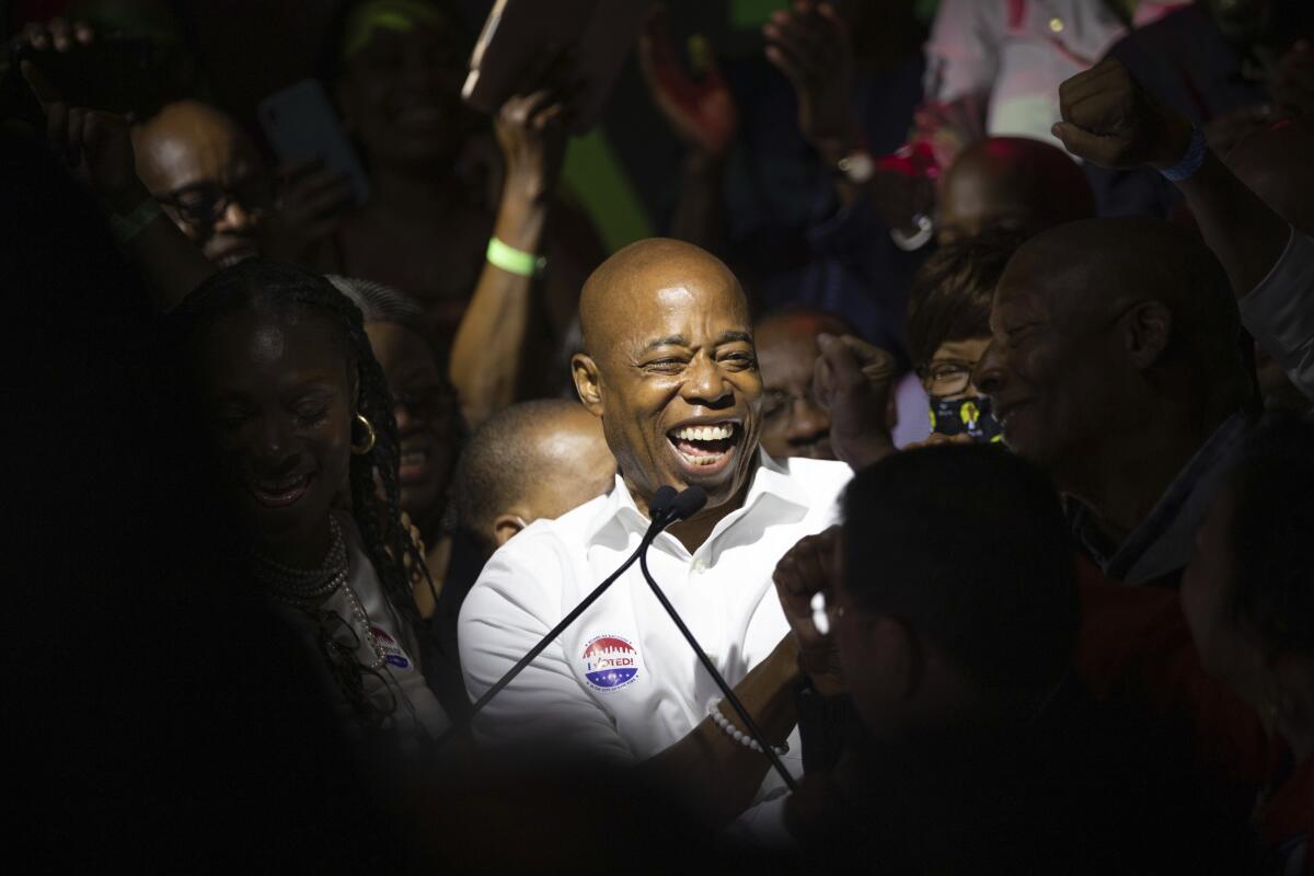 New York mayoral candidate Eric Adams celebrates at his primary election night party Tuesday. 
