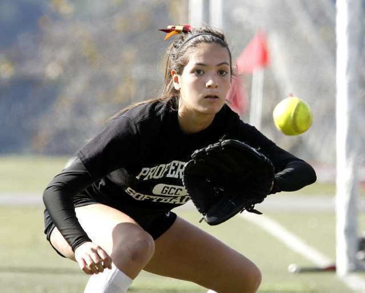 Claire Ortiz is part of what should be a skilled infield for the Glendale Community College softball team this season. Ortiz, who will be playing first base this year, played shortstop for Crescenta Valley High last year.