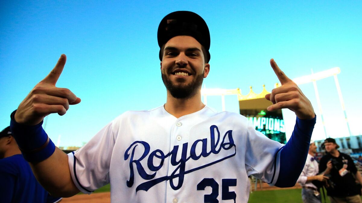 First baseman Eric Hosmer celebrates the Kansas City Royals' victory over the Baltimore Orioles in Game 4 of the American League Championship Series at Kauffman Stadium on Oct. 15, 2014.