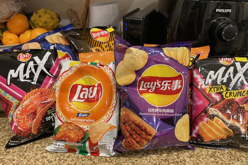 A selection of chips from different countries from Exotics Only, a snack shop in Los Angeles.