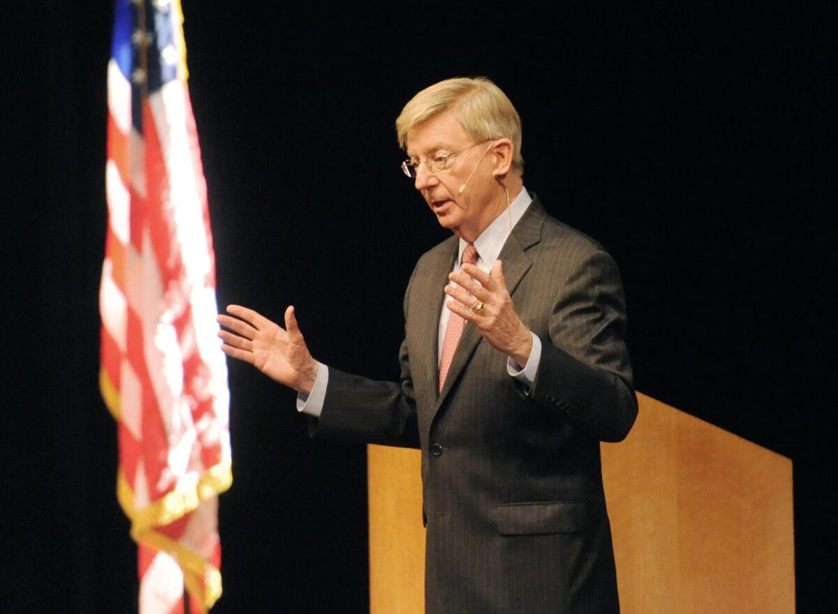 Speaking up for whom? Conservative columnist George Will addressing a Michigan audience in November.