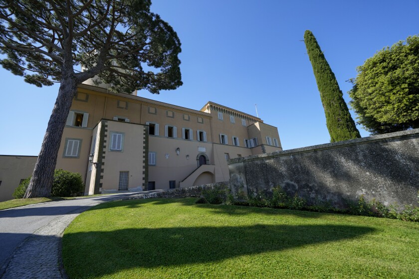 A view of the Papal Palace in Castel Gandolfo, some 30 kilometers southeast of Rome, Saturday, May 29, 2021. As Covid-19 restrictions are slowly being lifted in Italy, thousands of people are returning to visit the extensive gardens and apartments at the Papal Palace of Castel Gandolfo in the Alban Hills near Rome, that for hundreds of years have been the summer retreat for Popes seeking to escape the suffocating heat of Rome. (AP Photo/Andrew Medichini)