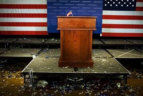 Confetti litters a hotel ballroom floor in Nashua, N.H., where Sen. John McCain and his supporters had celebrated his victory in the state's Republican presidential primary.