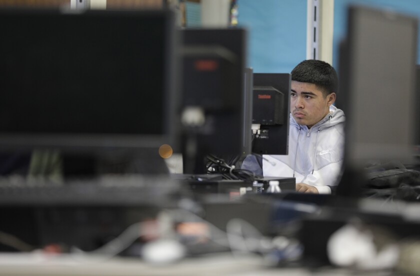 A student at North Hollywood High School takes a statewide standardized test in April 2019.