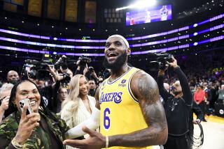 LOS ANGELES, CA - APRIL 29: LeBron James celebrates after becoming the all-time NBA scoring leader.