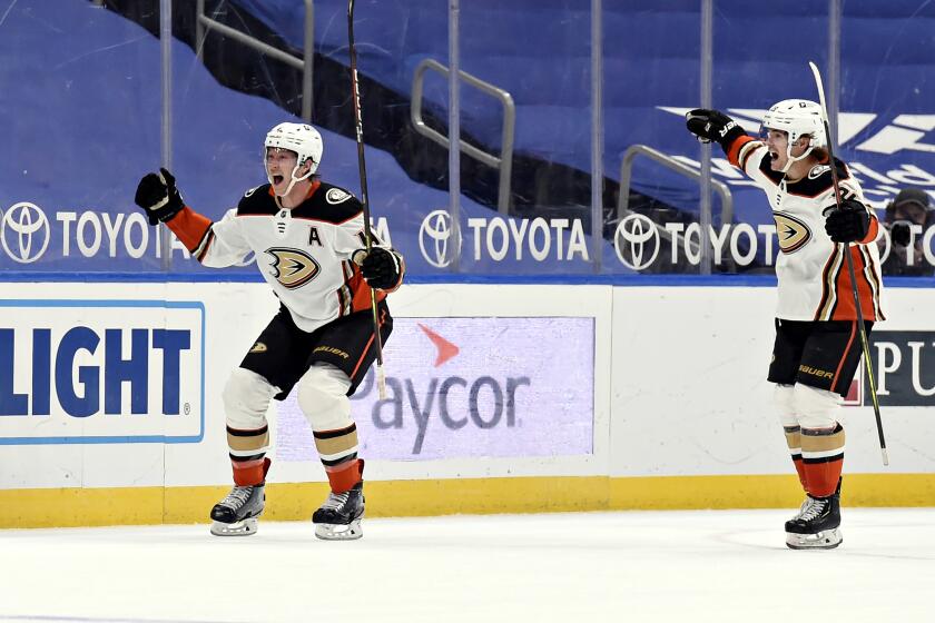Anaheim Ducks' Josh Manson (42) reacts after scoring the game winning goal against the St. Louis Blues.