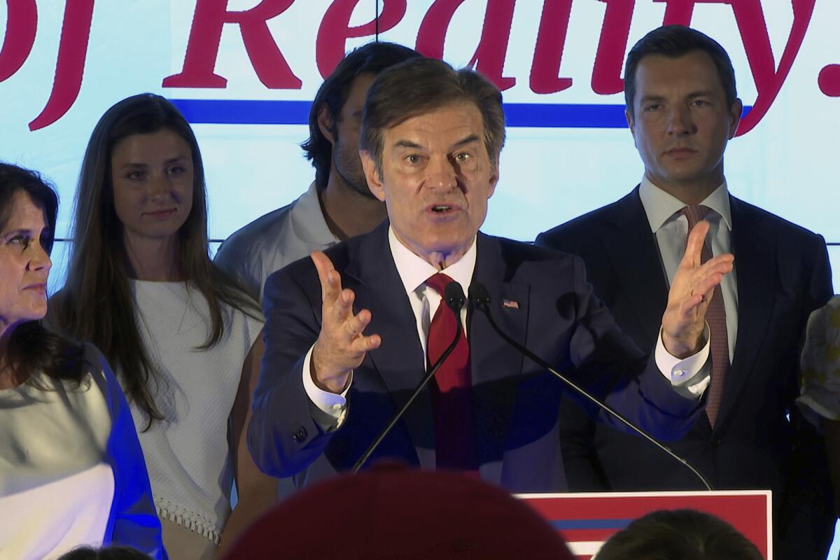 FILE - Mehmet Oz, Republican candidate for U.S. Senate in Pennsylvania, speaks at a primary night election gathering in Newtown, Pa., May 17, 2022. (AP Photo/Ted Shaffrey, File)
