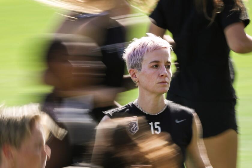 OL Reign's Megan Rapinoe joins her teammates training at Snapdragon Stadium ahead of the NWLS championship Friday