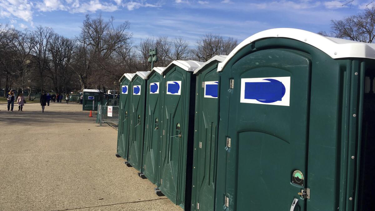 A row of portable restrooms, with the name Don's Johns covered up, is seen on Capitol Hill in Washington.