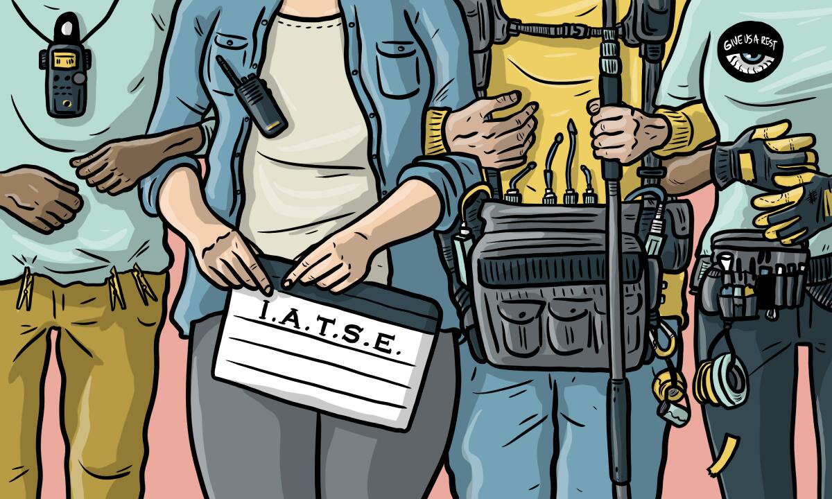 An illustration of 4 members of a Hollywood crew, from neck to knees, outfitted for work. One holds a sign that says IATSE.