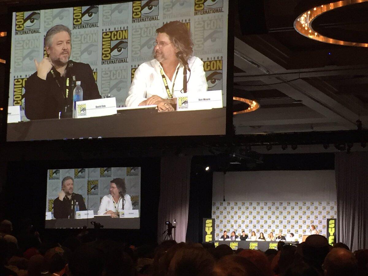 David Eick, Ron Moore and the "Battlestar Galactica" cast at the show's reunion panel at Comic-Con.