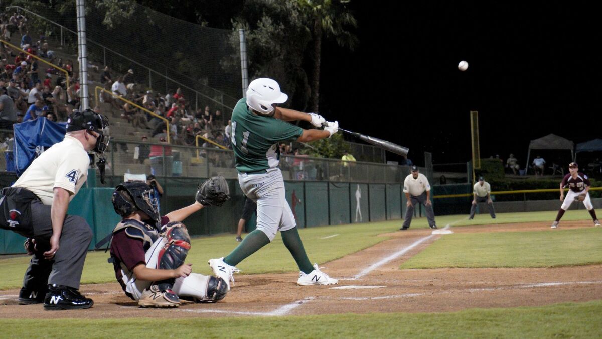 Park View's Michael Rodriguez hits the first of his three home runs Sunday night, a two-run shot in the third inning. He also hit a grand slam and finished with eight RBIs.