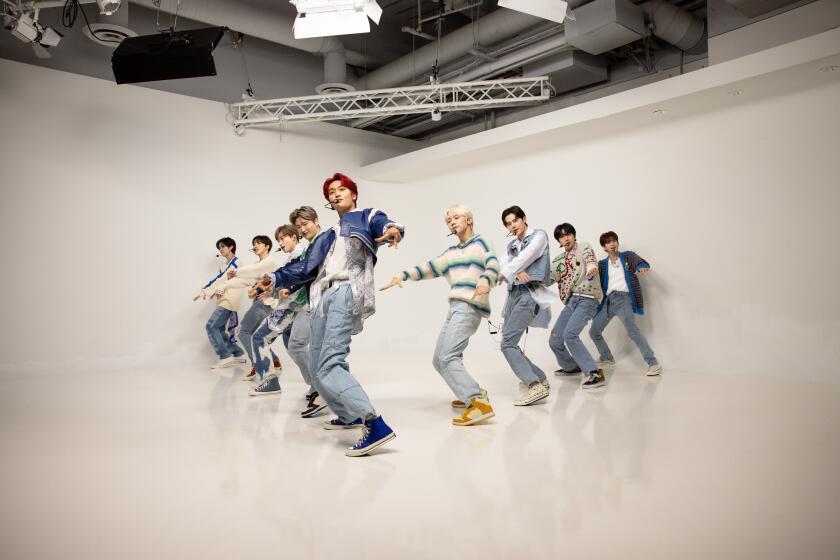 K-pop band Cravity performing during a scene in Apple TV+'s "K-pop Idols"