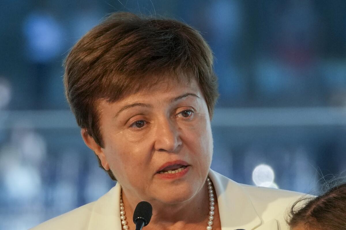 Kristalina Georgieva speaks at a microphone