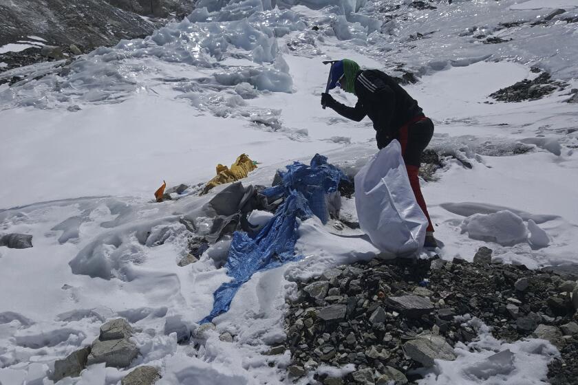 Esta imagen proporcionada por Peak Promotion muestra a un miembro del equipo financiado por el gobierno de Nepal valiéndose de un pico para retirar basura congelada en camino al monte Everest, el martes 27 de abril de 2021, en Nepal. (Peak Promotion vía AP)