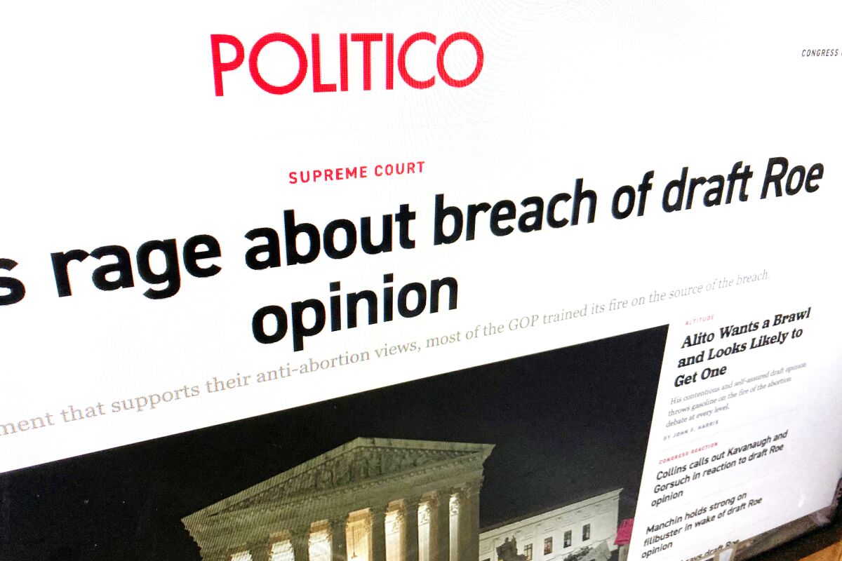 The politico.com website is photographed in Washington on Tuesday, May, 3, 2022. In breaking news of a Supreme Court draft opinion that would strike down 50 years of abortion policy, Politico's most impactful moment also put the news organization squarely in the middle of one of society's most contentious issues. Politico sent a memo to staff members on saying it had restricted access to its offices and told security to be “extra vigilant” about visitors. The company also urged employees to consider removing their Politico affiliation on social media accounts. The company has not reported any specific threats. (AP Photo/Wayne Partlow)