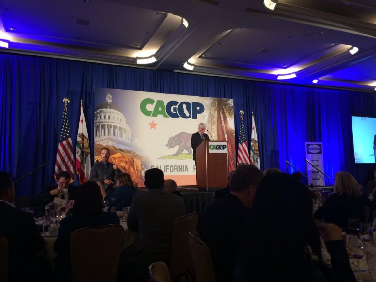 Conservative radio host Hugh Hewitt speaks at a dinner banquet at the California Republican Party