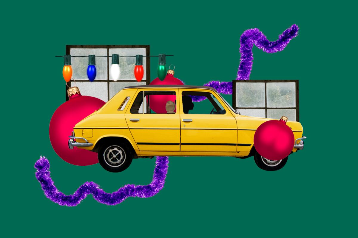 An illustration of a car, against a backdrop of holiday lights, ornaments and garland.