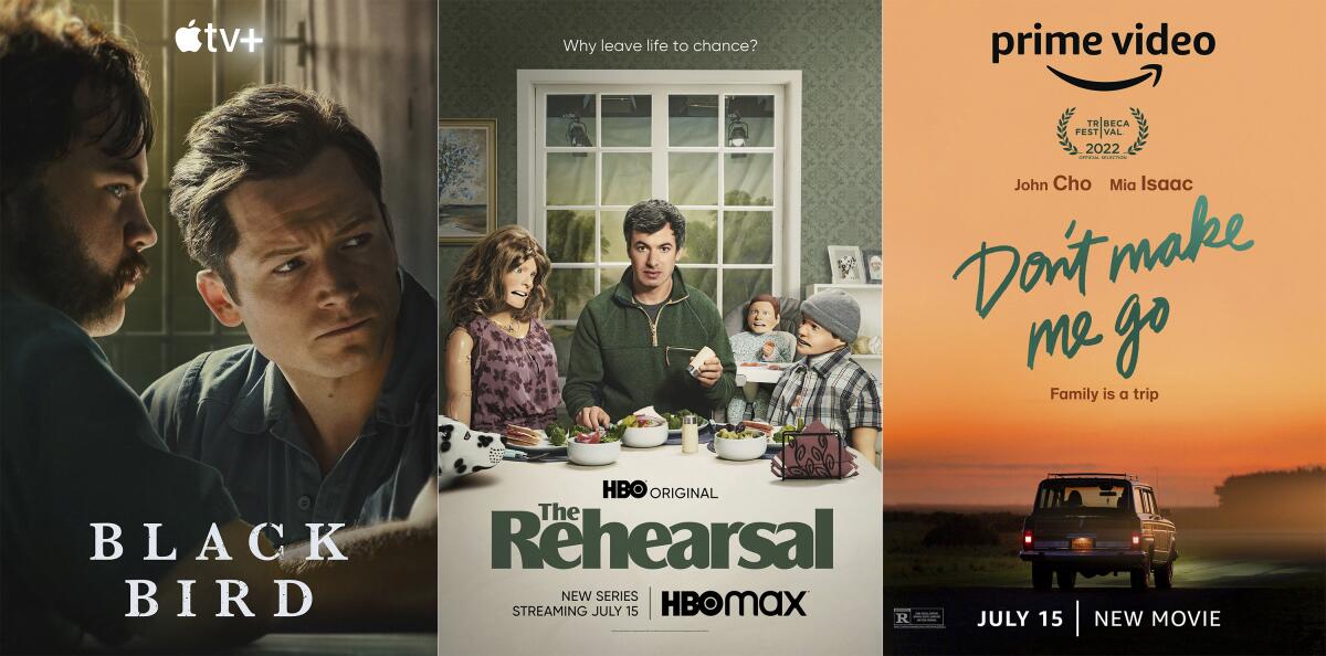 This combination of photos shows promotional art for "Black Bird," a series premiering on Apple TV+, left, "The Rehearsal," a series premiering on HBO Max, center, and "Don't Make Me Go," a film premiering on Prime Video on July 15. (Apple TV+/HBO Max/Prime Video via AP)