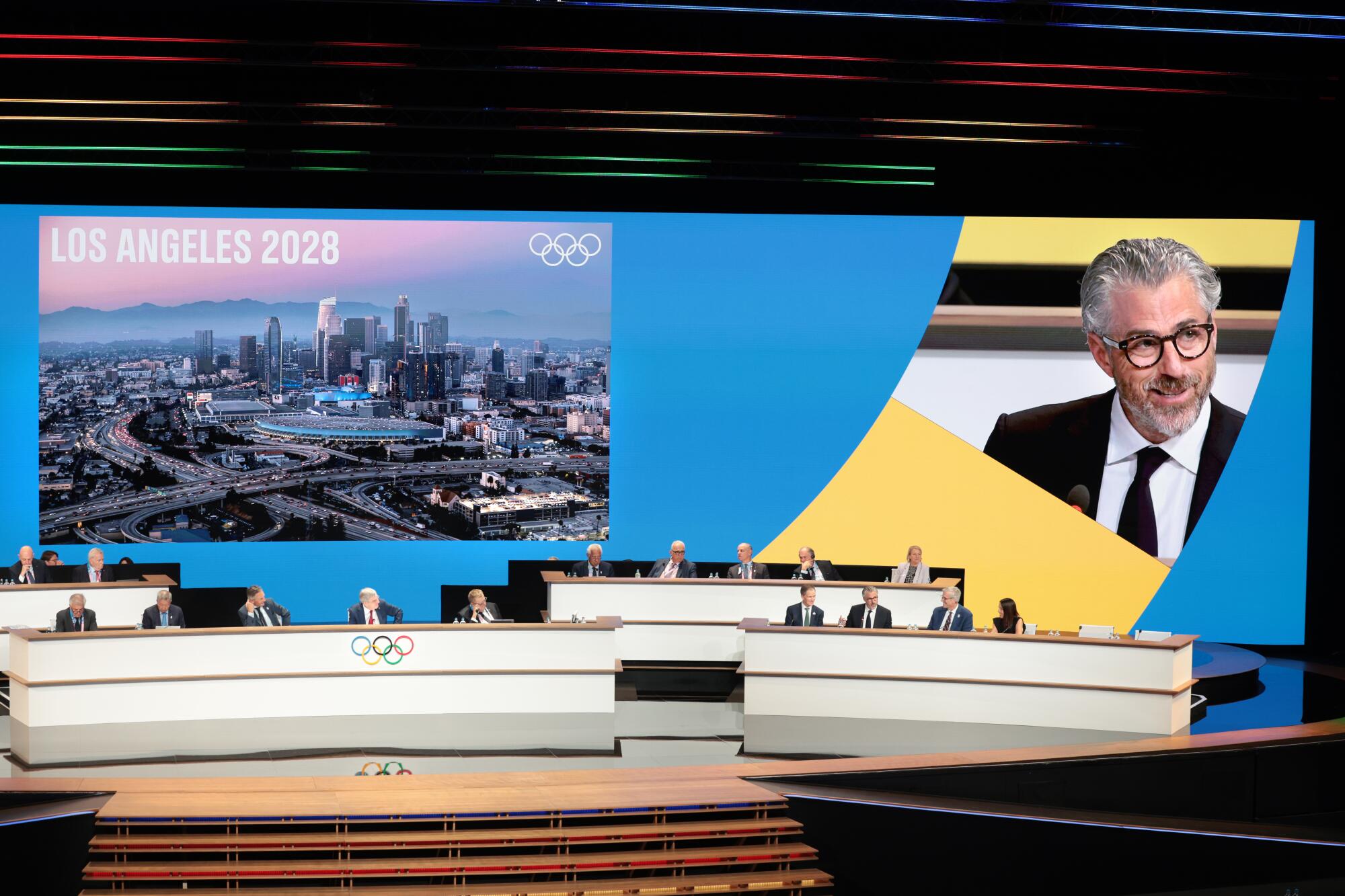 LA28 chairman Casey Wasserman speaks to the IOC.