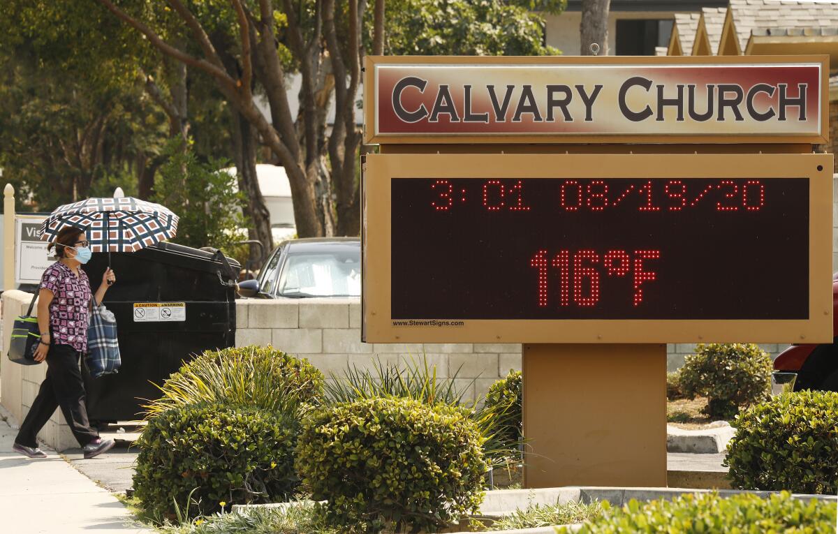 The thermometer at Calvary Church in Woodland Hills registers 116 degrees Fahrenheit during a heat wave in August 2020.