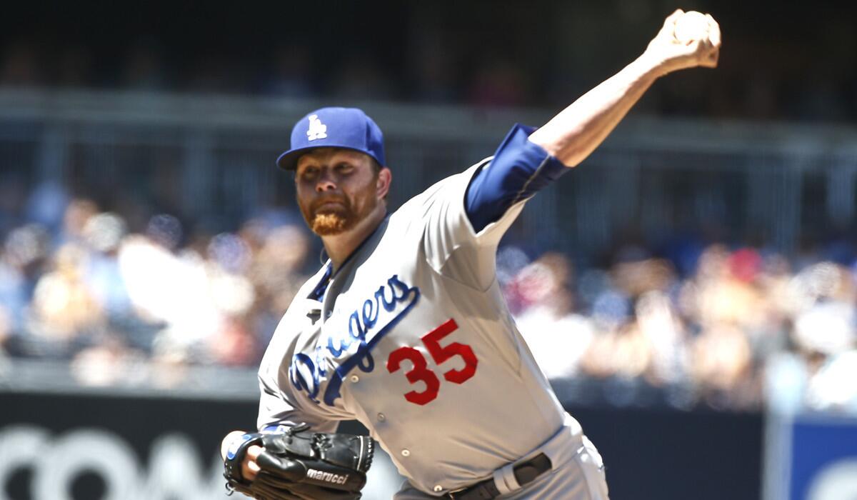 Los Angeles Dodgers starting pitcher Brett Anderson works against the San Diego Padres during a game on Sunday.