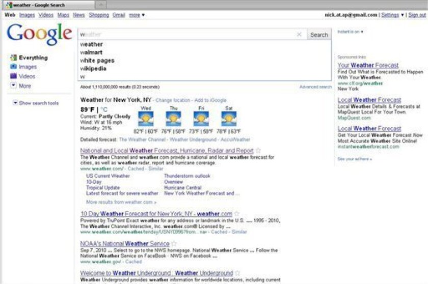 This screen grab taken from Google, shows Google Inc.'s Instant Search introduced Wednesday, Sept. 8, 2010. Google is accelerating its search engine by displaying the results as soon as users begin to type in their requests. (AP Photo) NO SALES