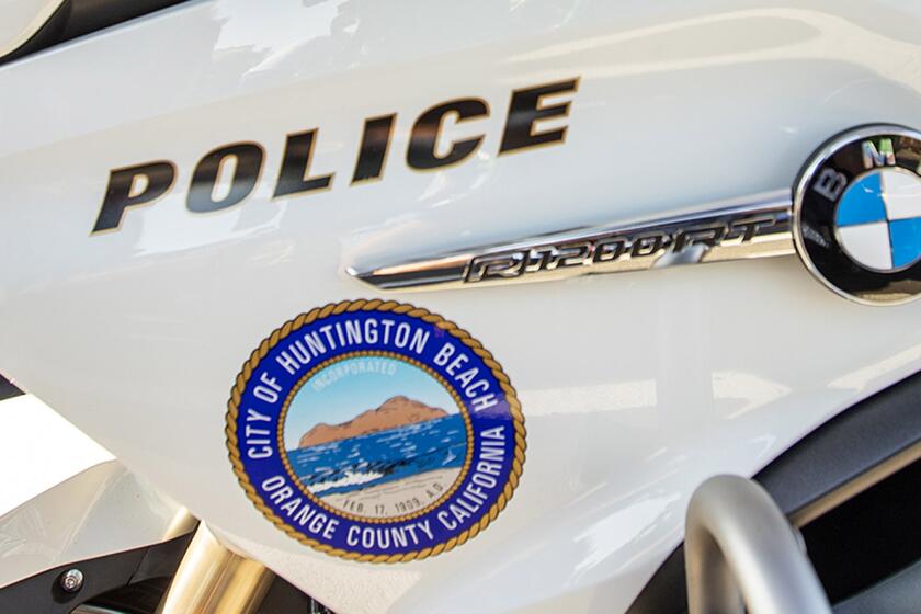 Aug. 2018 detail photo of Huntington Beach police motorcycle.