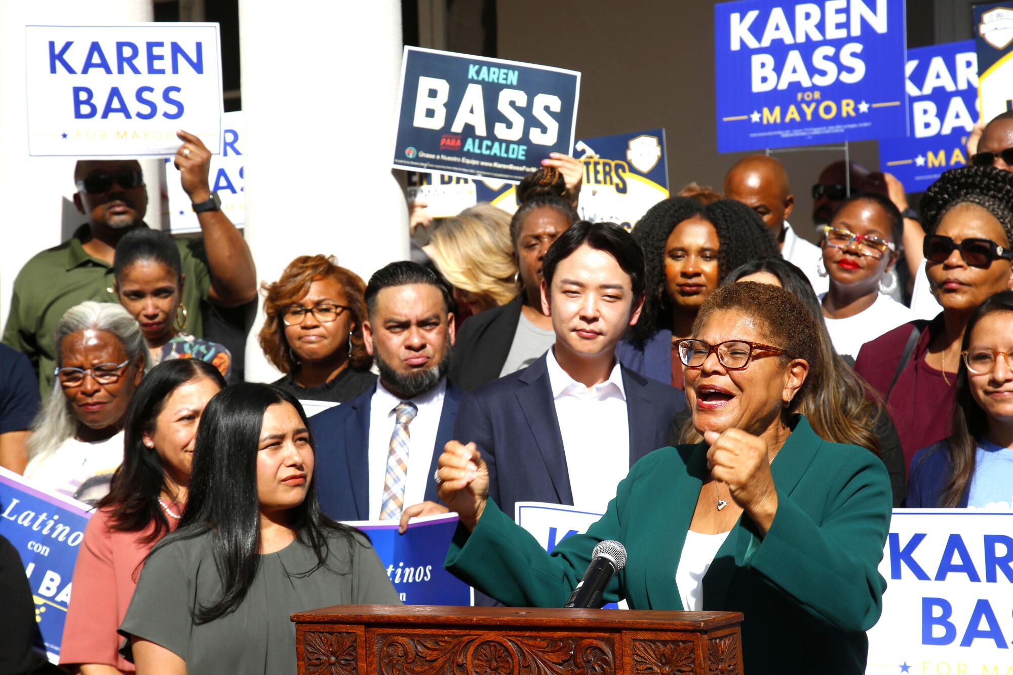 Karen Bass addresses the crowd at the Wilshire Ebell Theater in Los Angeles 