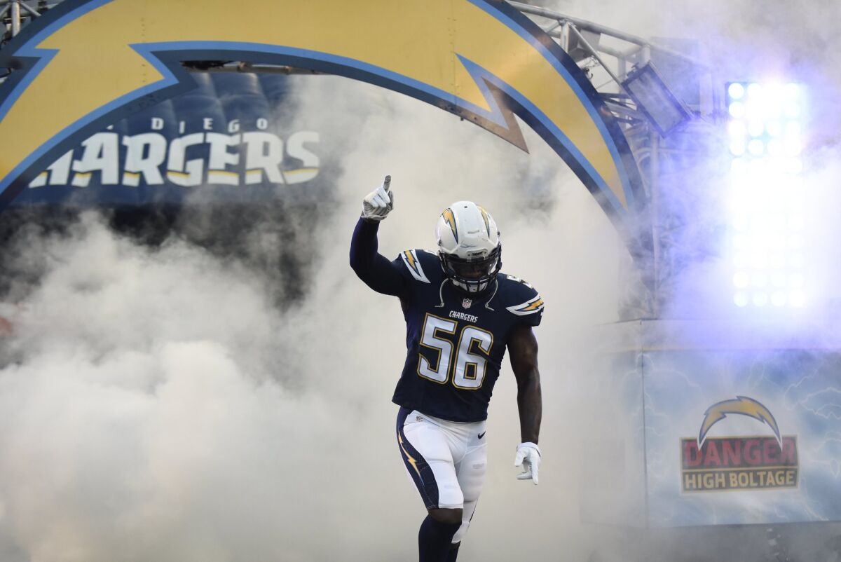 DirecTV customers in San Diego missed the Chargers' first preseason game Thursday due to a dispute over retransmission fees. Pictured: Chargers linebacker Donald Butler (56) takes the field before the Thursday game in San Diego.