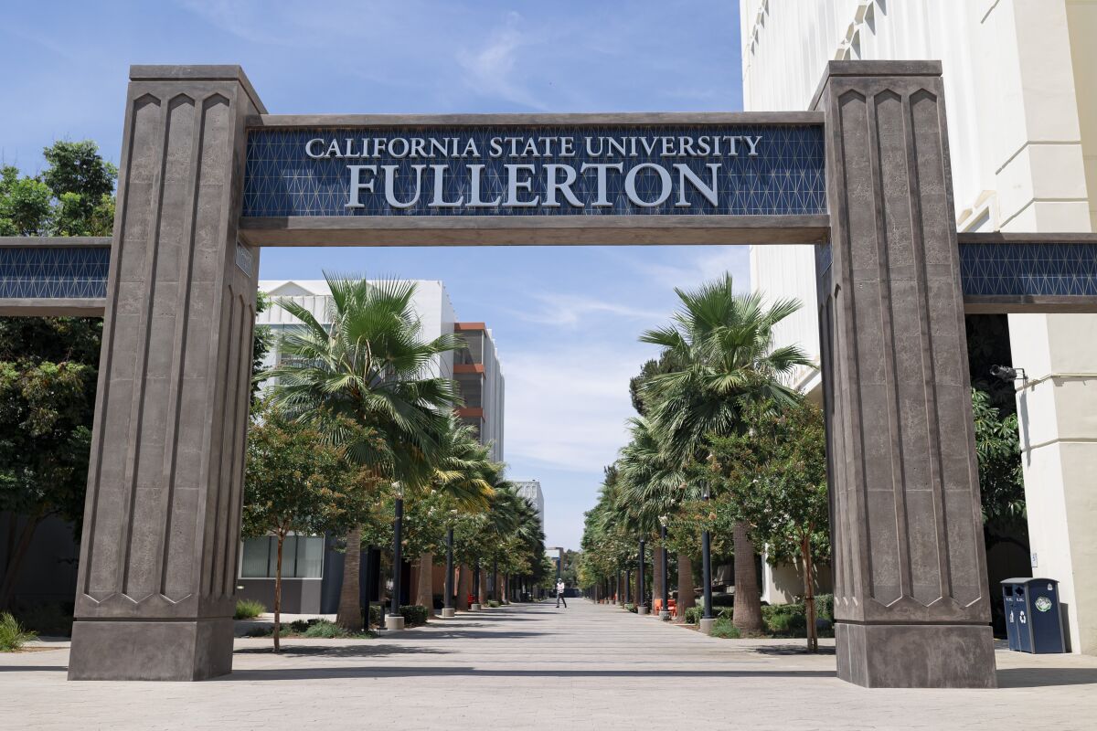 A sign above an entrance to California State University Fullerton