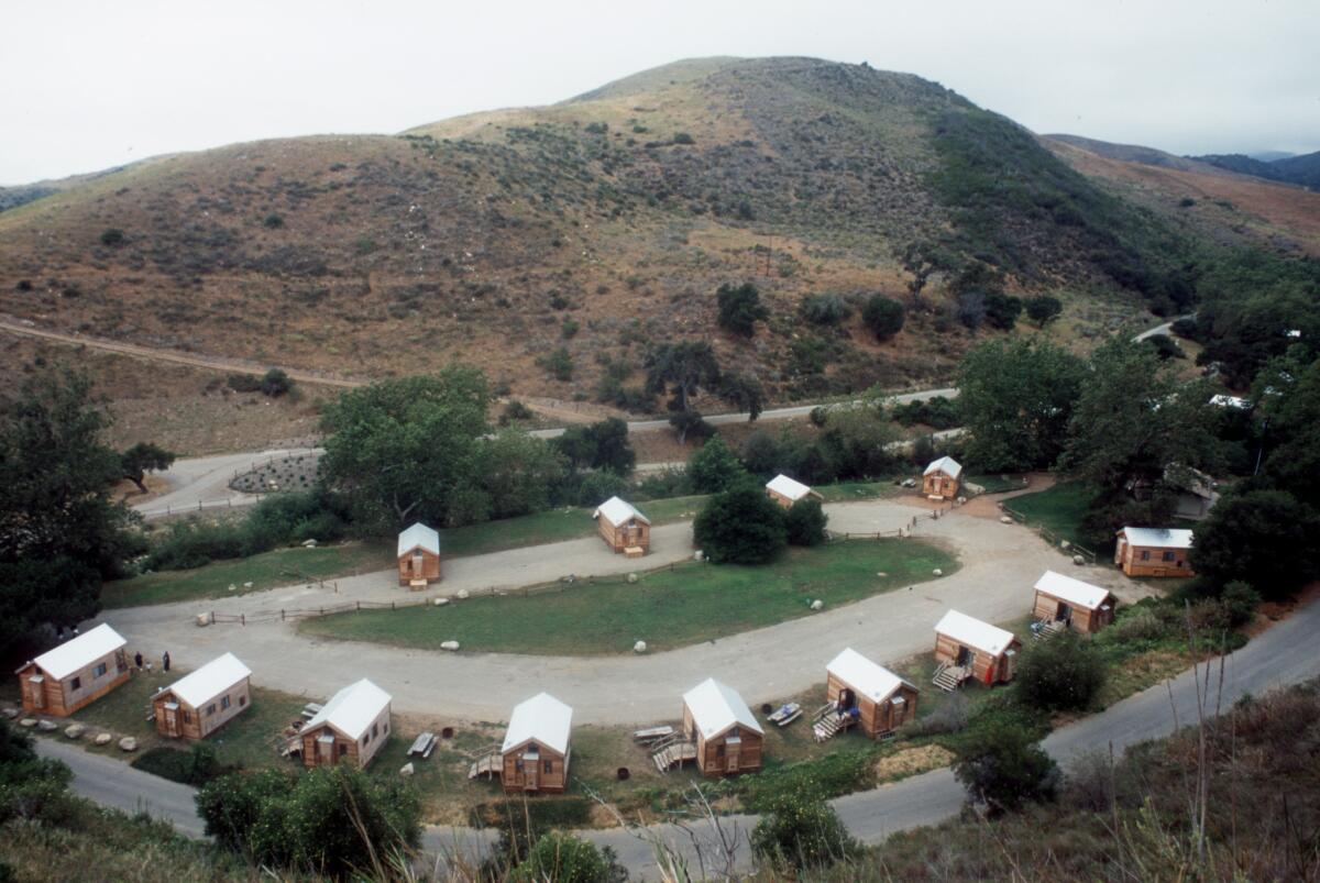 A crescent of cabins near the entrance to El Capitan Canyon in Santa Barbara. The luxury camping site remains open despite the oil spill off the coast.