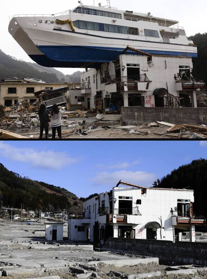 (Top) A catamaran sightseeing boat, washed in by the tsunami, sits atop a two-story tourist home in Otsuchi, Iwate prefecture on April 16, 2011. (Bottom) The same area on January 16, 2012.