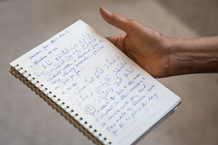 Salma Arastu’s notebook. The artist jots down passages from her daily reading of the Quran.