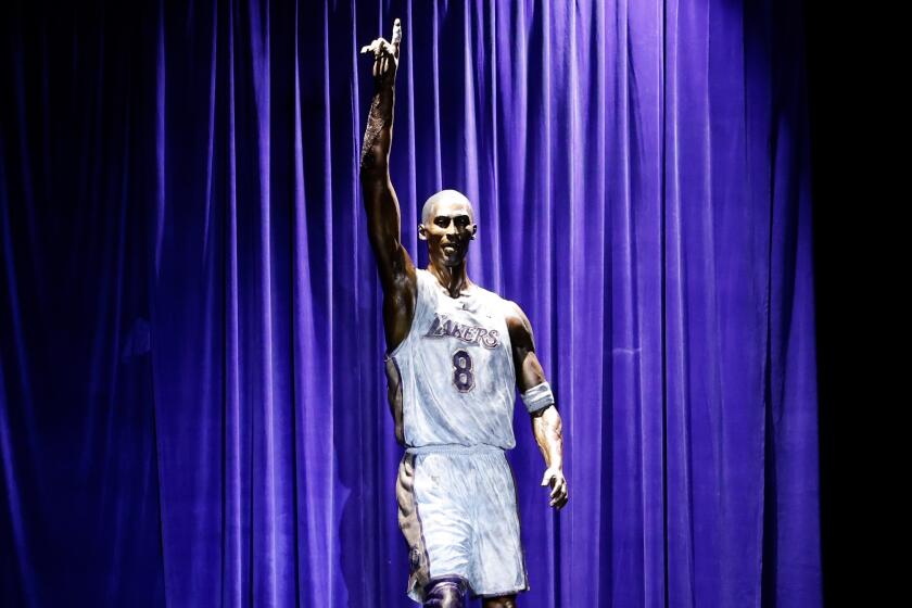 LOS ANGELES, CA - FEBRUARY 08: The Los Angeles Lakers unveil a statue honoring the late Kobe Bryant.